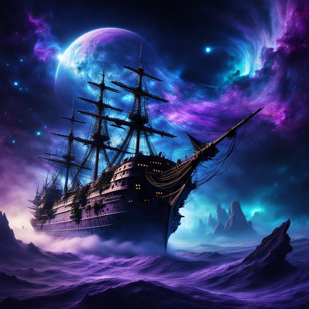 Ethereal Ghost Ship Drifting Through Space