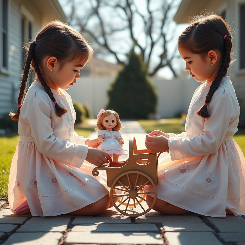 Sisters Play with Doll in Whimsical Front Yard Scene