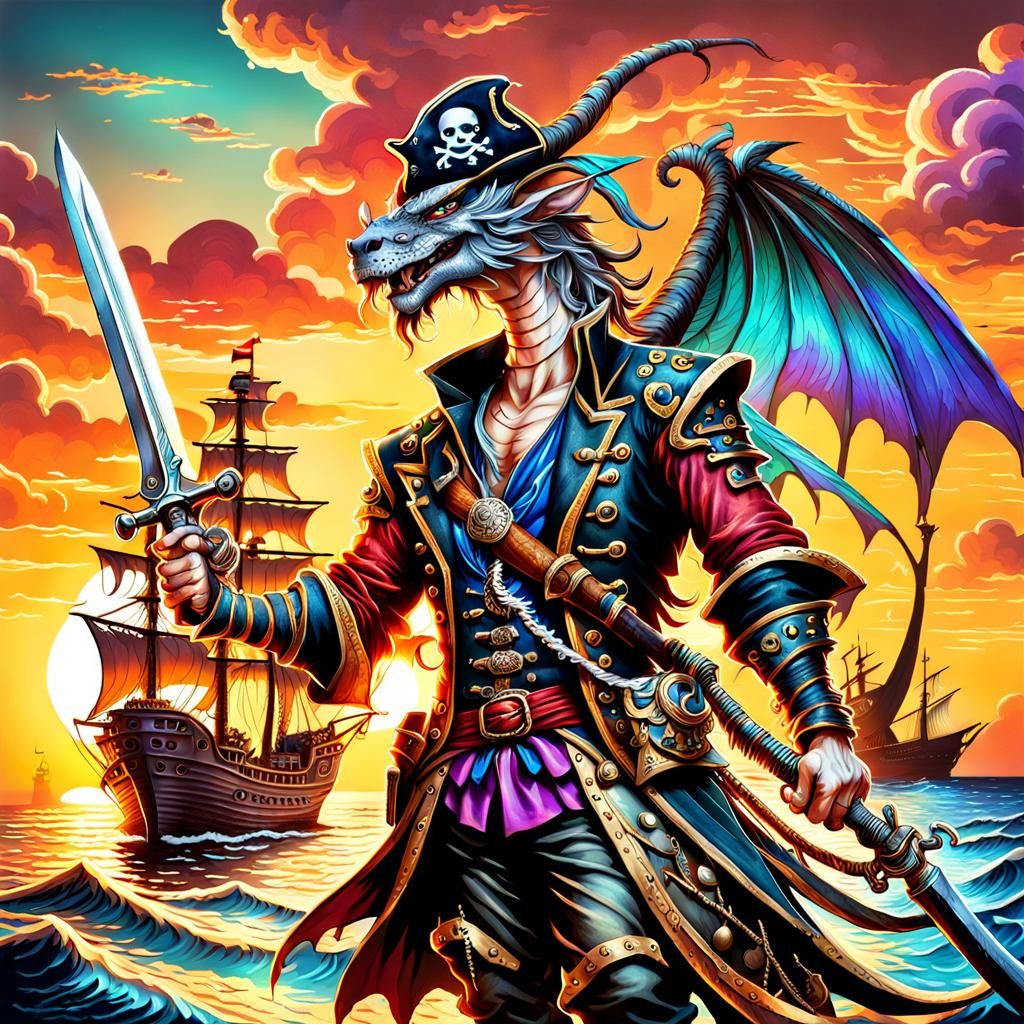 Fairy Dragon Pirate at Sunset: Hyperdetailed Fantasy Art