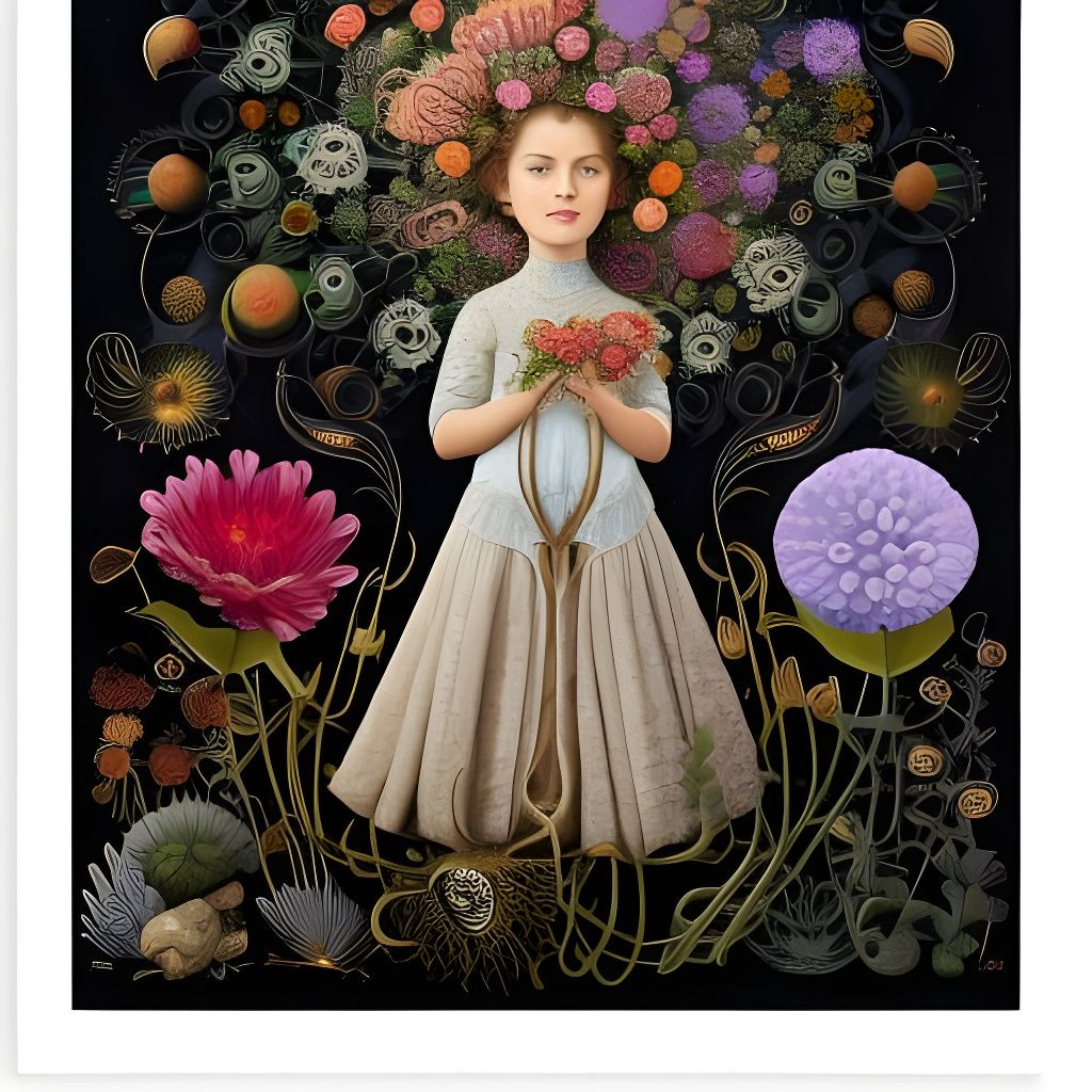 Girl Holding Flowers: Intricate Botanical Art
