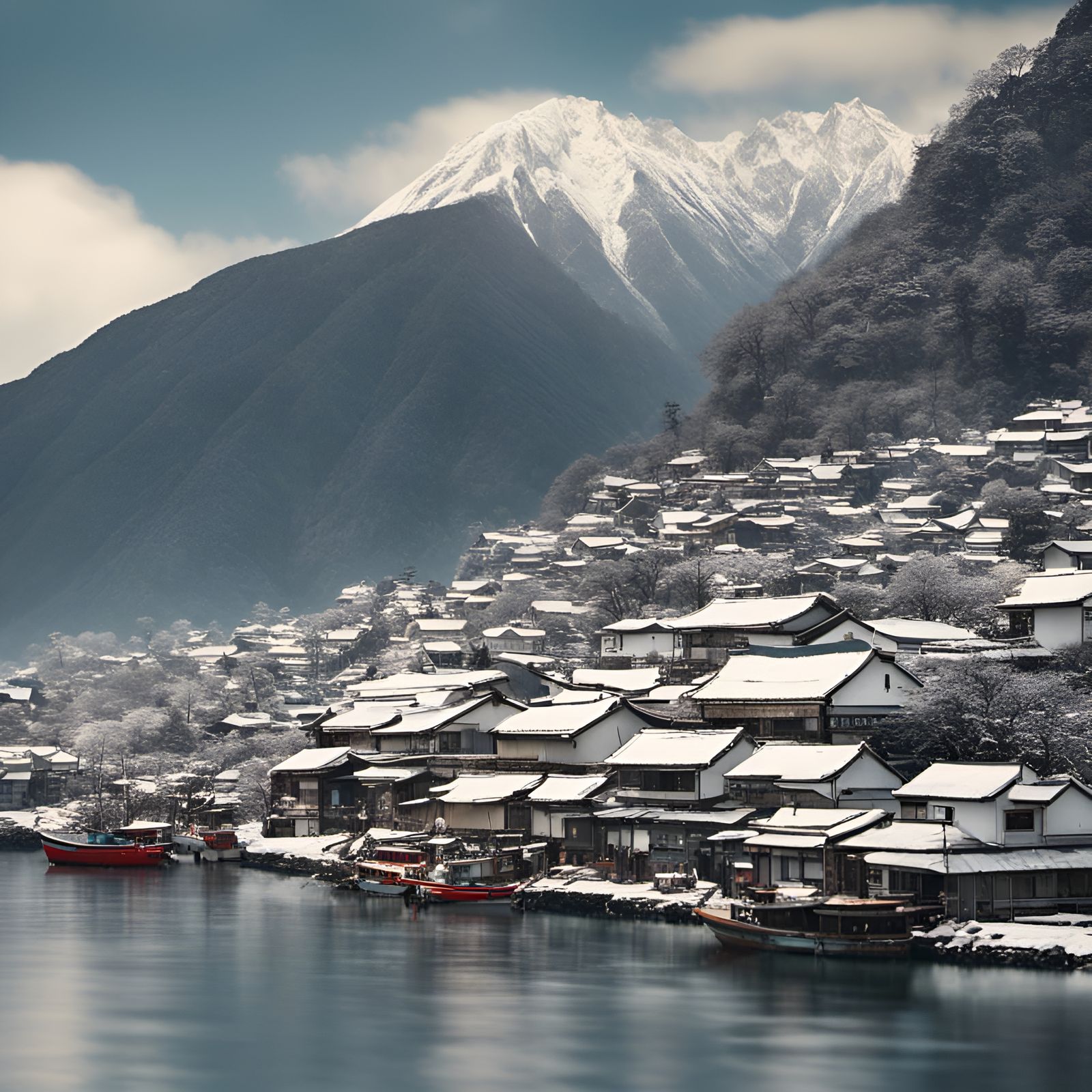 Picturesque Japanese Fishing Village Under Snowy Mountains