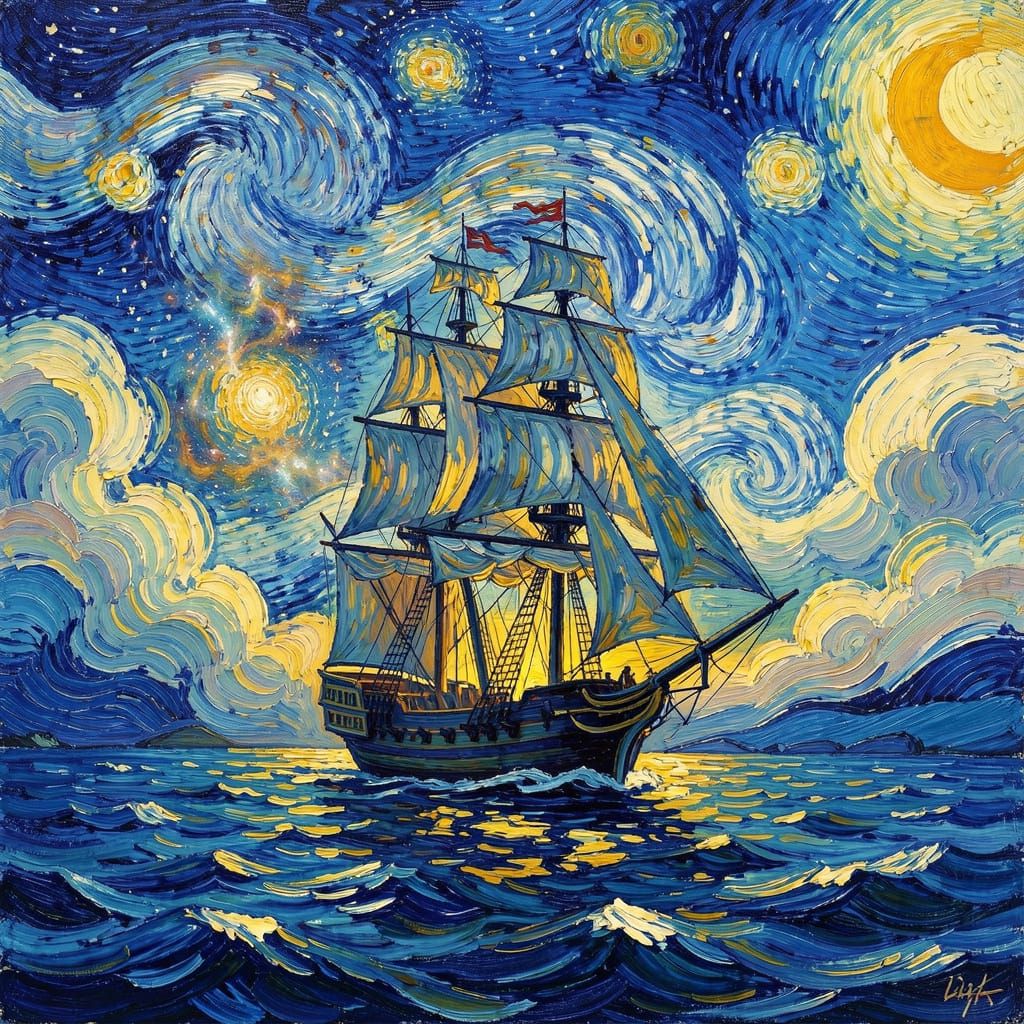 A magnificent sailing ship, reminiscent of Van Gogh's starry night