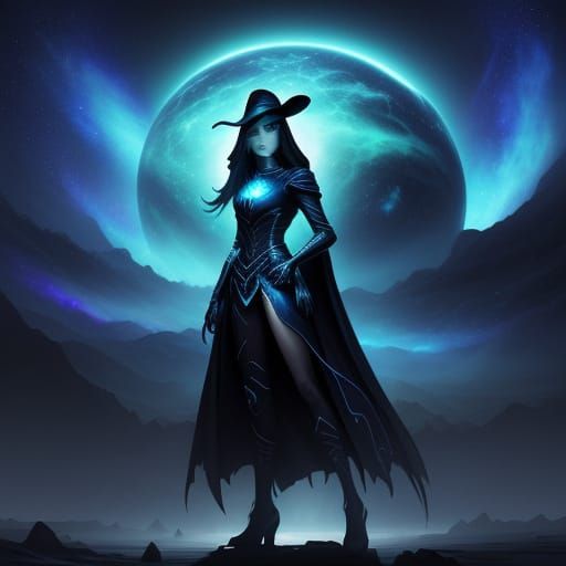 Ethereal Witch Outline of Cosmic Stardust in Sci-Fi Landscap...