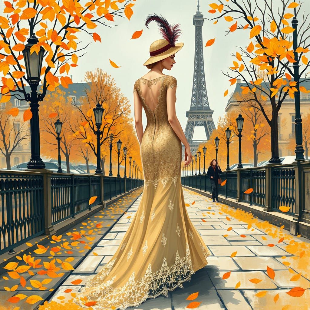 A Woman in Parisian Elegance, Autumn Leaves Falling