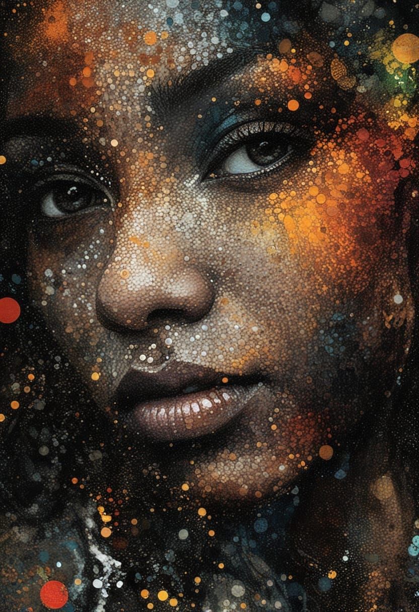 Surreal Portrait of Woman Emerging from Colorful Dots