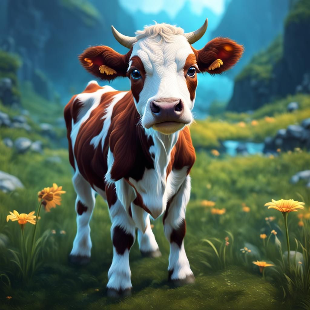 Cute Adorable Baby Cow in Detailed Matte Painting