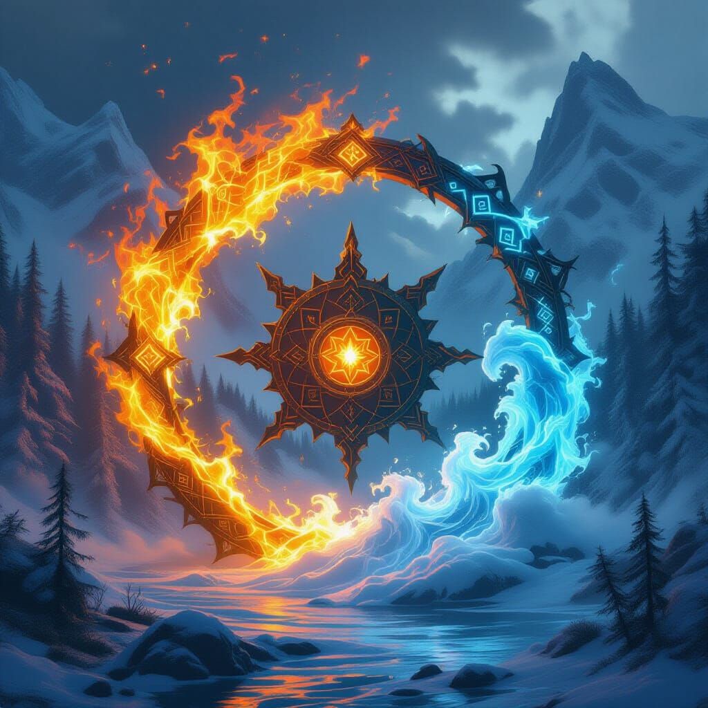 Mystical Elemental Wheel with Fire, Ice, Water, and Air