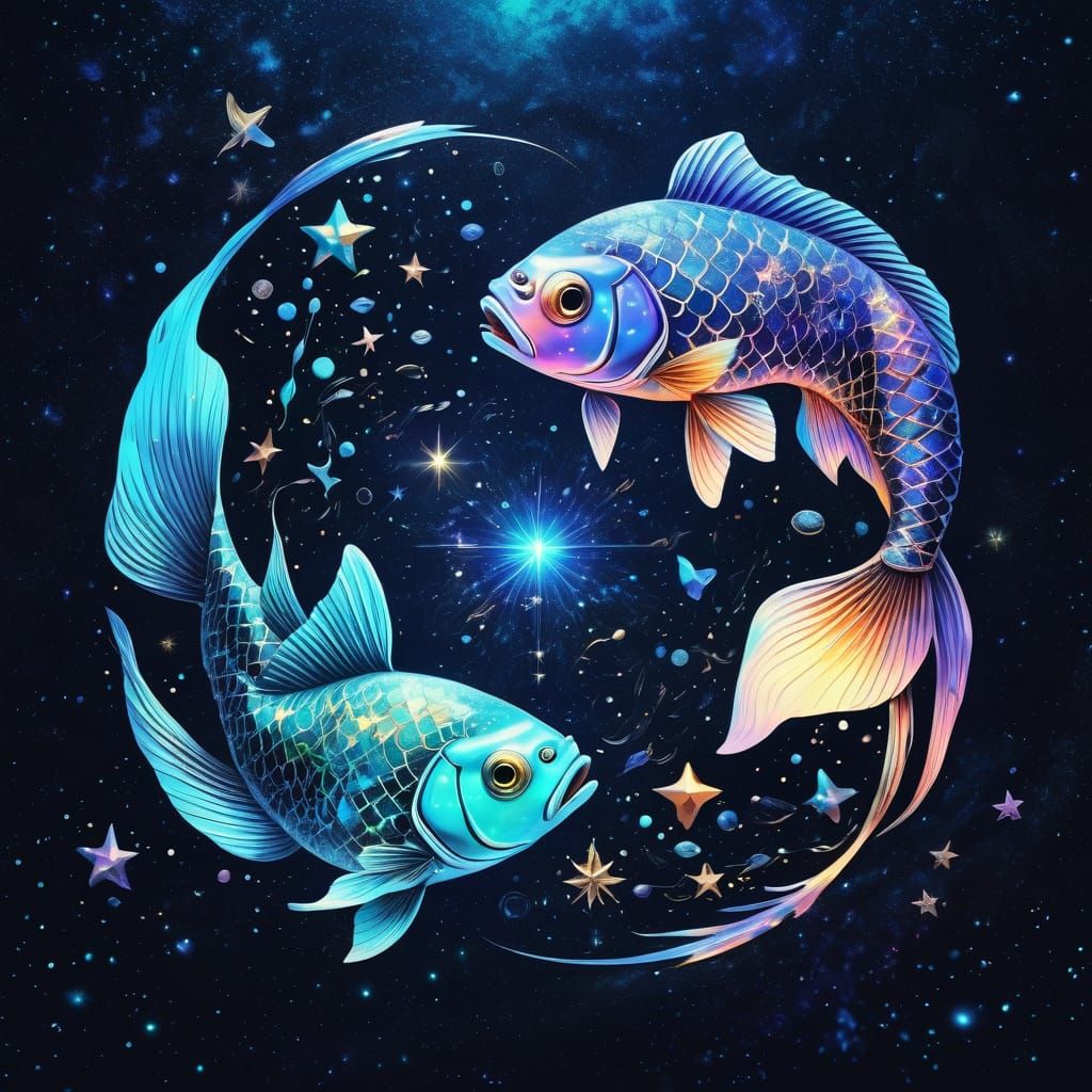 Epic Cosmic Yin and Yang Fish in Iridescent Starry Backgroun...