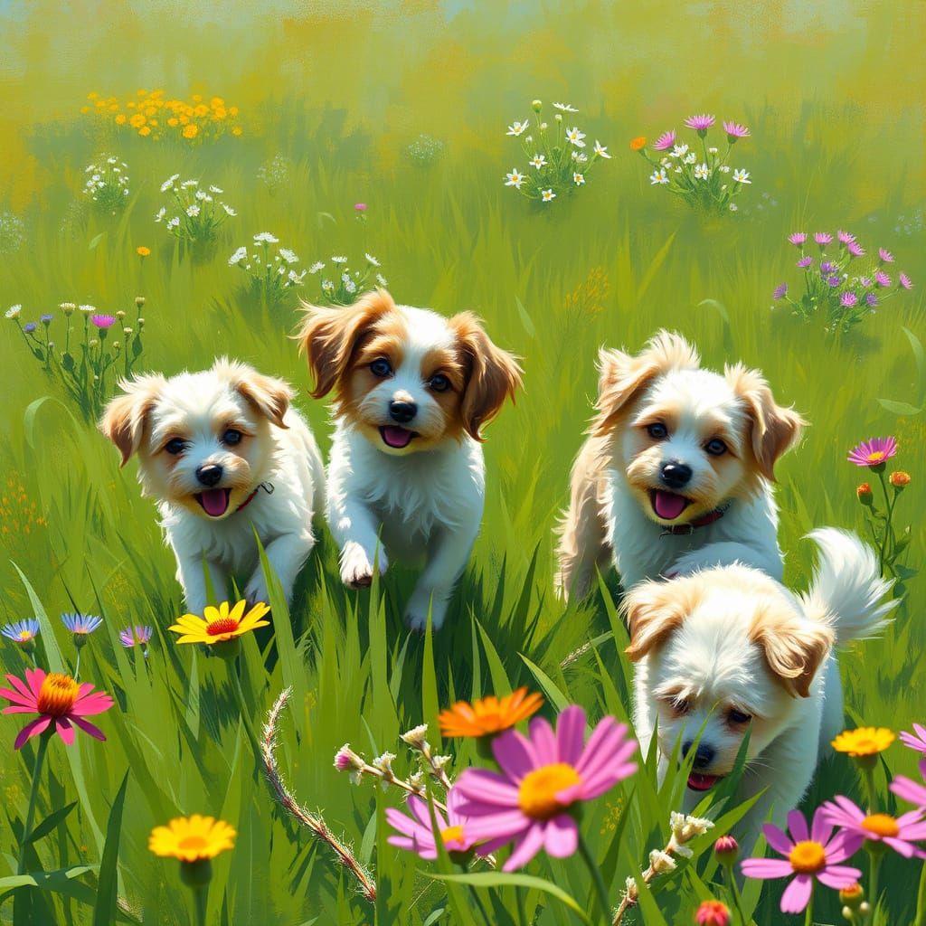 Playful Dogs in a Vibrant Impressionist Meadow