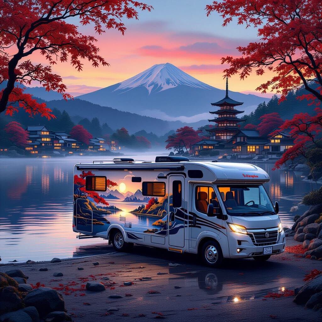 Luxurious RV at Japanese Lake Dawn