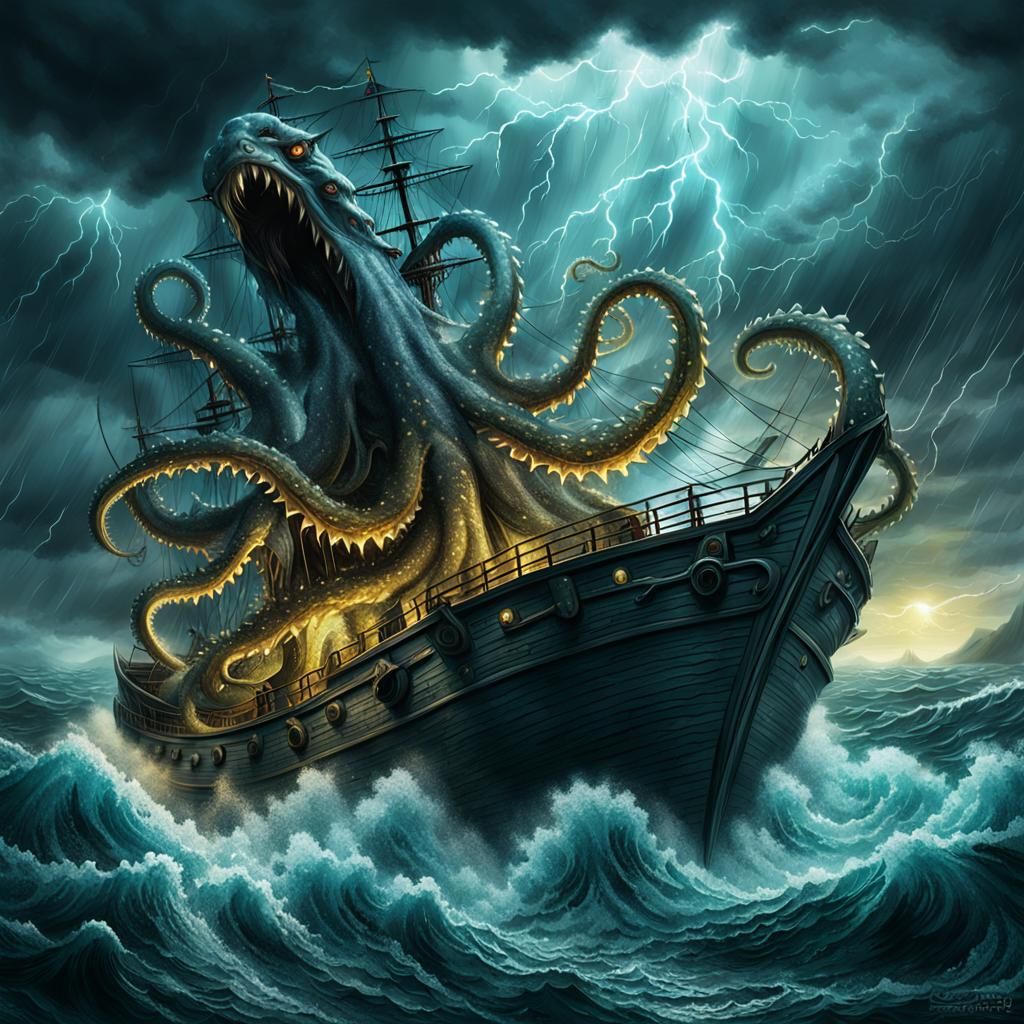 Kraken Emerges from Stormy Sea in Cinematic Style