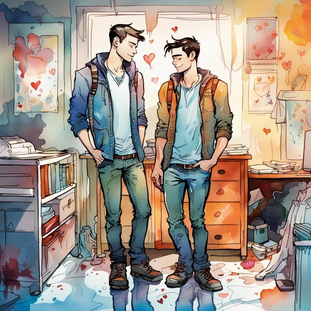 Gay Couple in College Dorm, Watercolor Art