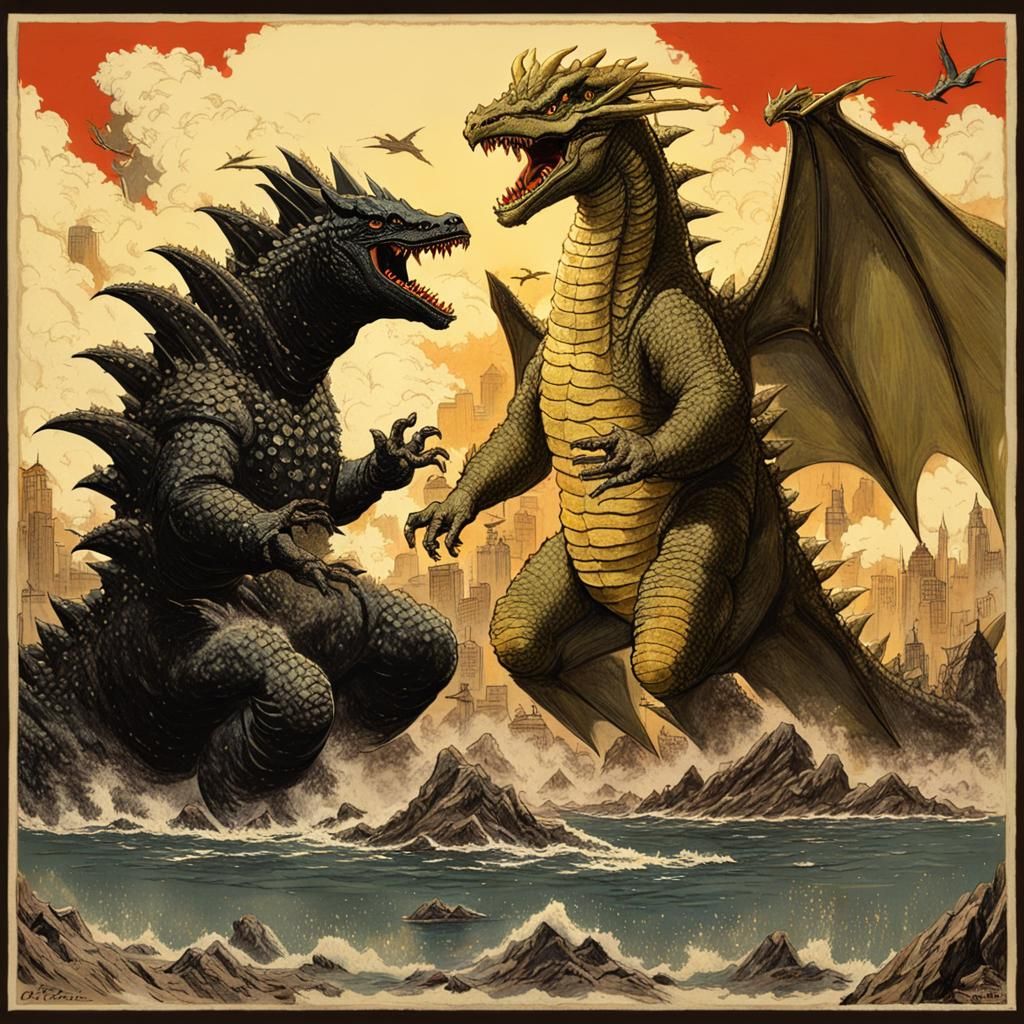 Godzilla vs Ghidorah in Rockwell Style