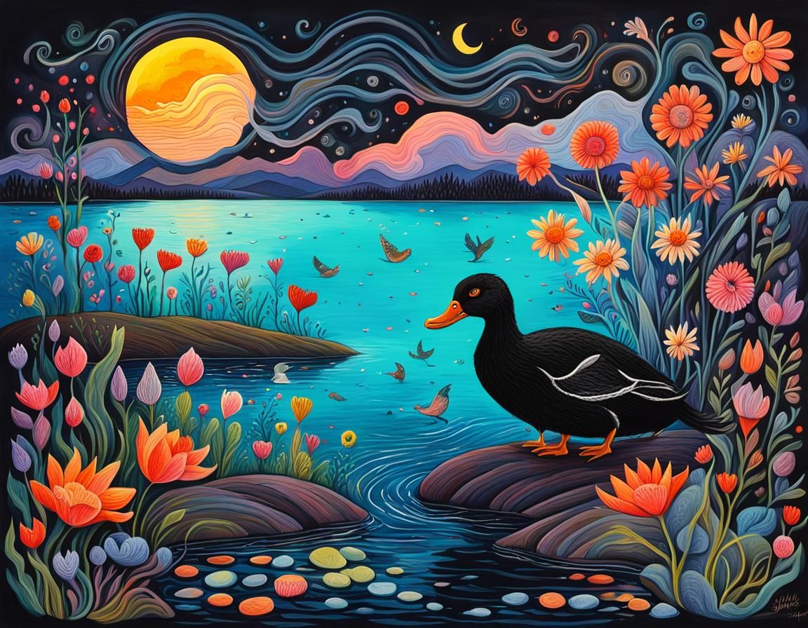 Black Duck and Cat by Lake, Surreal Gouache Painting