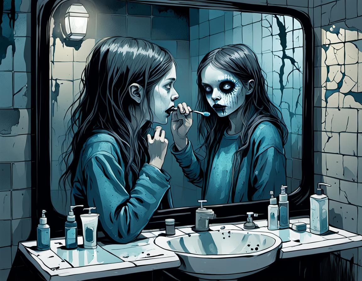 Eerie Gothic Illustration of Girl in Restroom