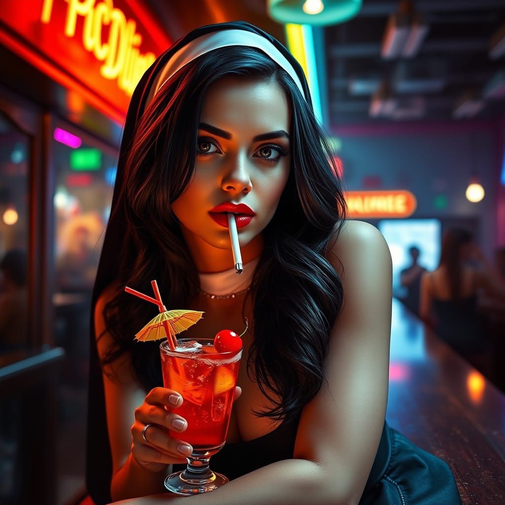 Confident Sultry Nun Leans Against Neon Bar