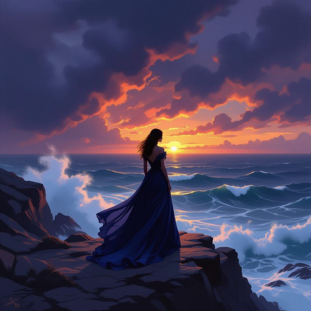 Woman on Windswept Cliff Overlooking Stormy Sea - Romantic O...