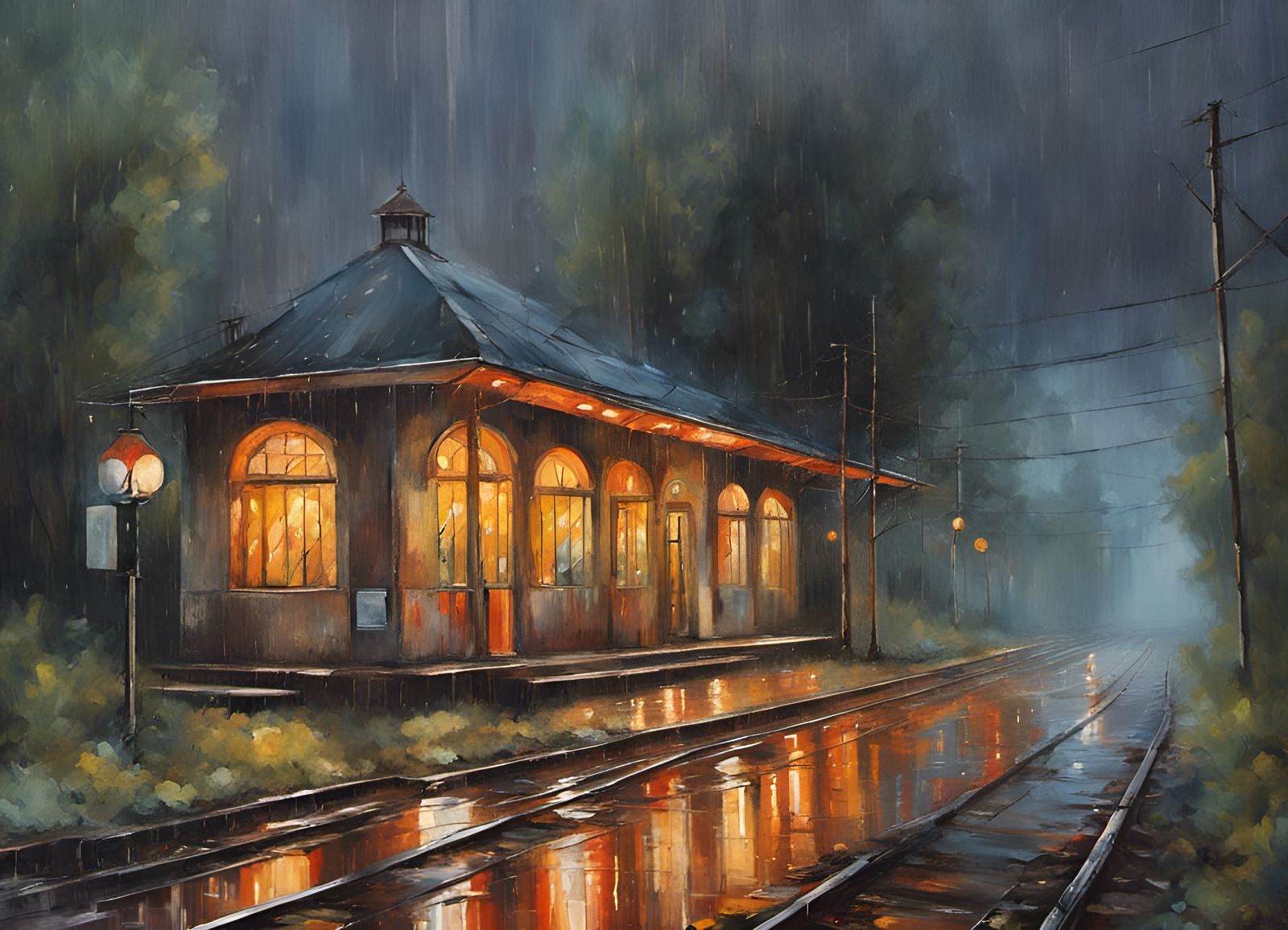 An old trainstation in the rain.