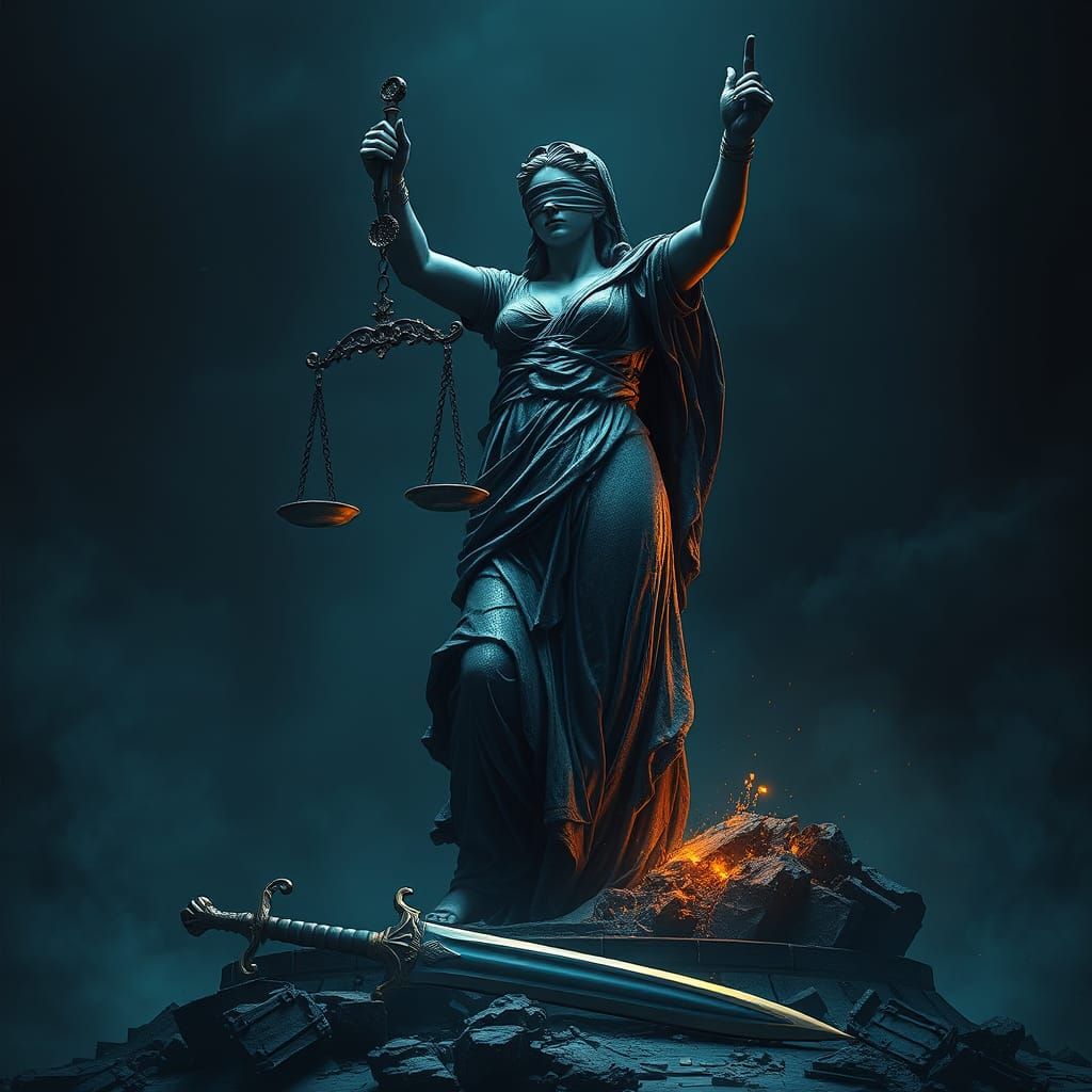 Broken Lady Justice Statue in Gothic Ruins