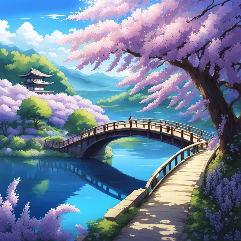 Anime Lake Scene with Wisteria and Sakura Trees
