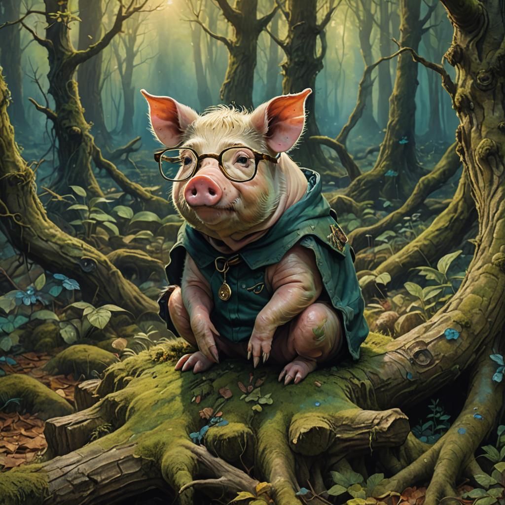 Pig with Glasses in Enchanted Forest
