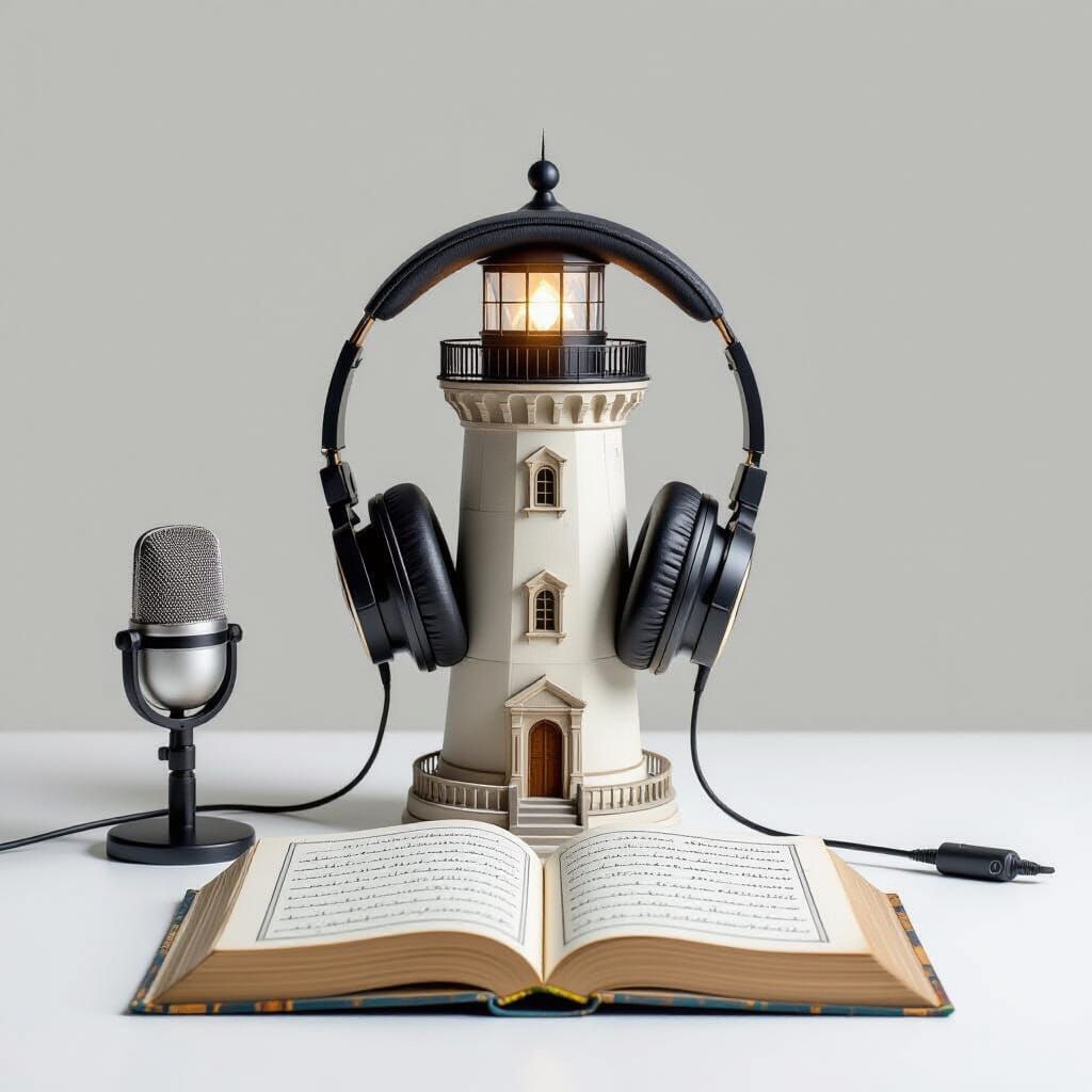 Lighthouse with Book and Headphones: Digital Illustration