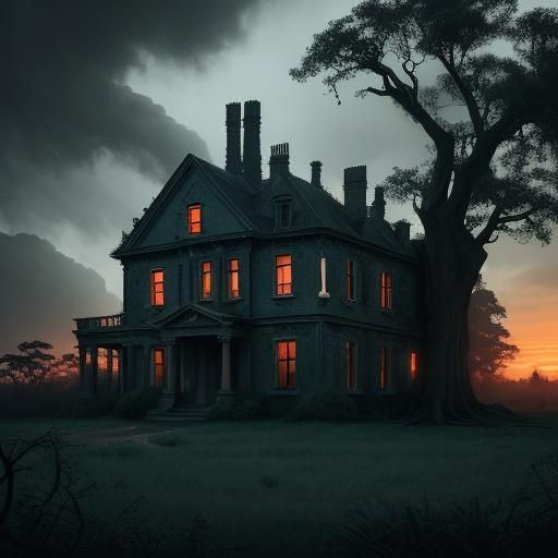 Eerie Mansion at Sunset in Hyperrealistic Style