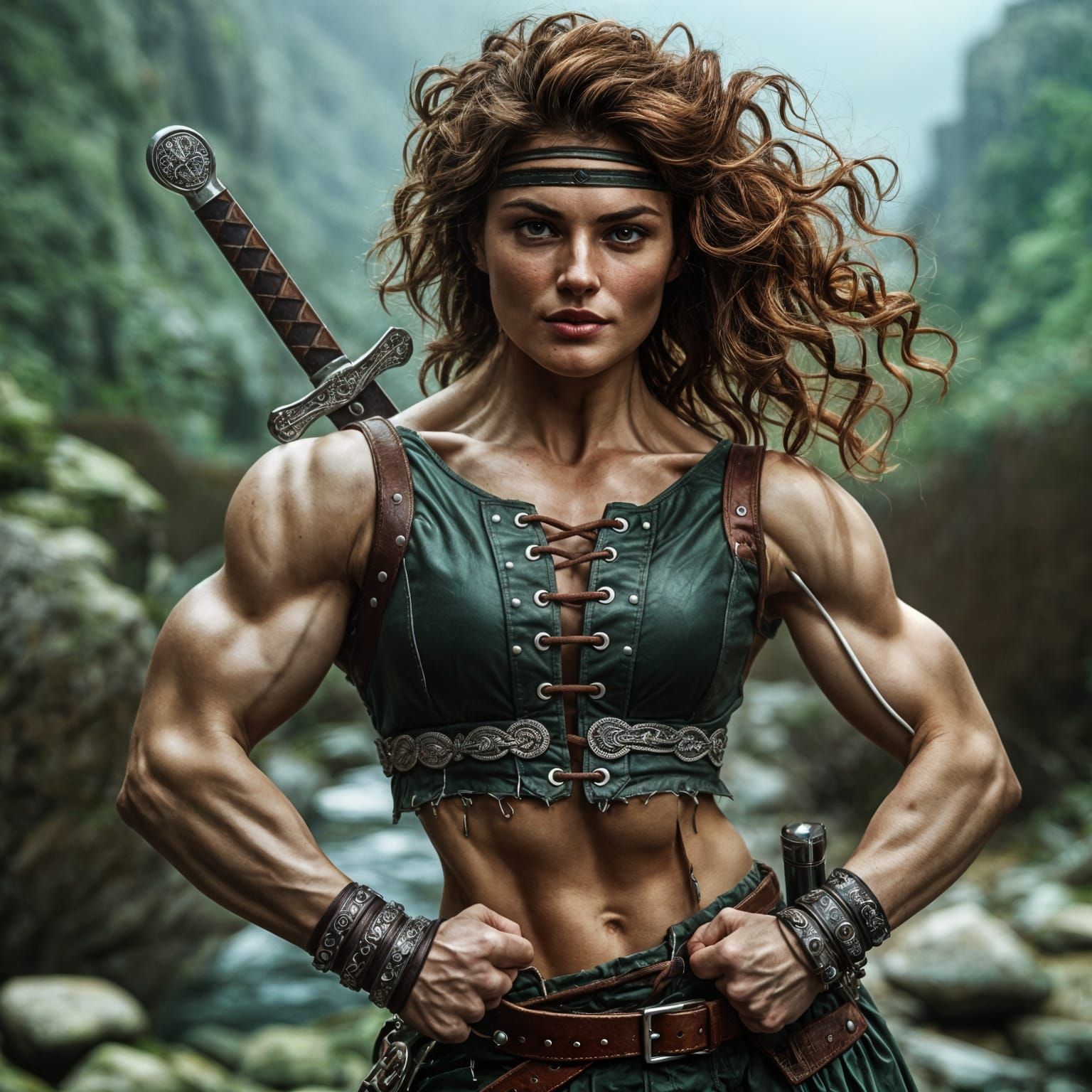 Fierce Muscular Woman Warrior in Green Leather