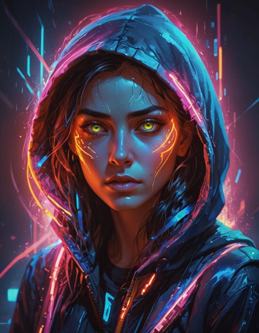 Neon Cyberpunk Portrait of Woman with Glowing Eyes