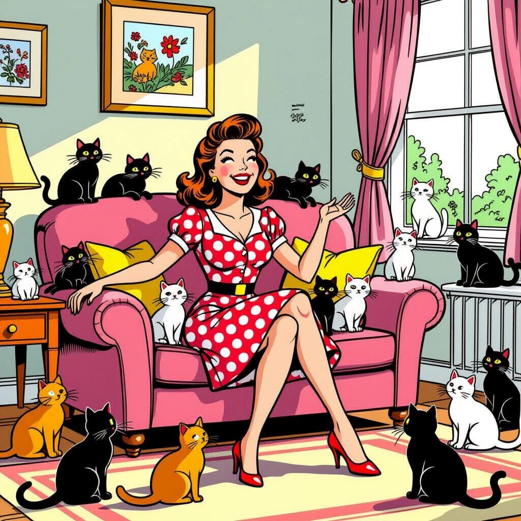 Comic Book Style Woman Overwhelmed by Cats