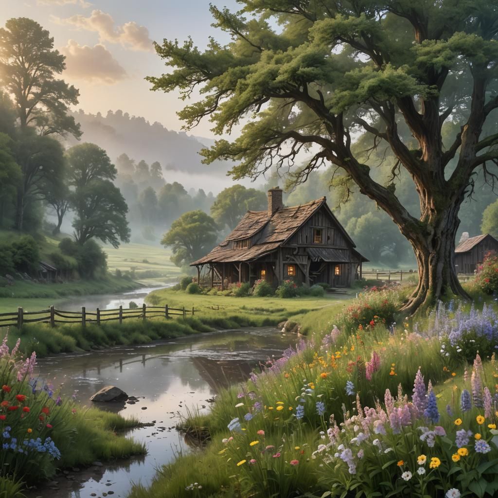 Valley Inn at Dawn, Hyper-Realistic Digital Art