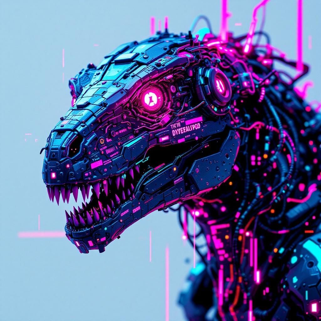 Cyberpunk Dinosaur with Neon Implants in Glitchcore Style