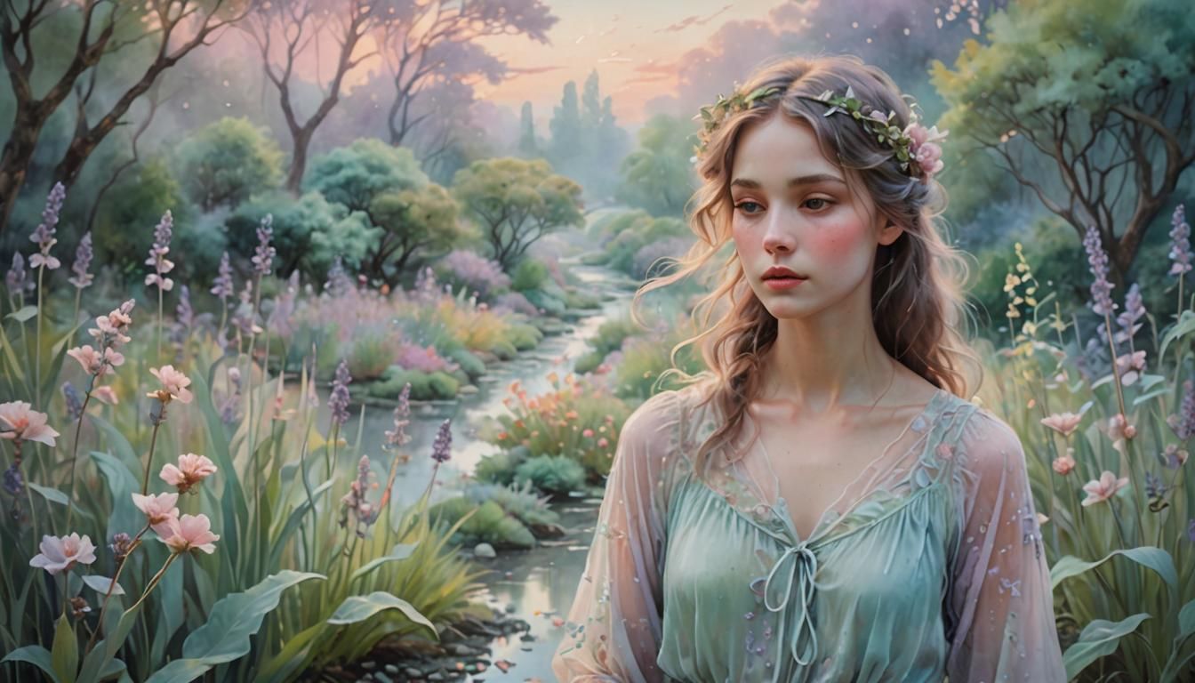 Mystical Garden at Dawn in Ethereal Mixed Media