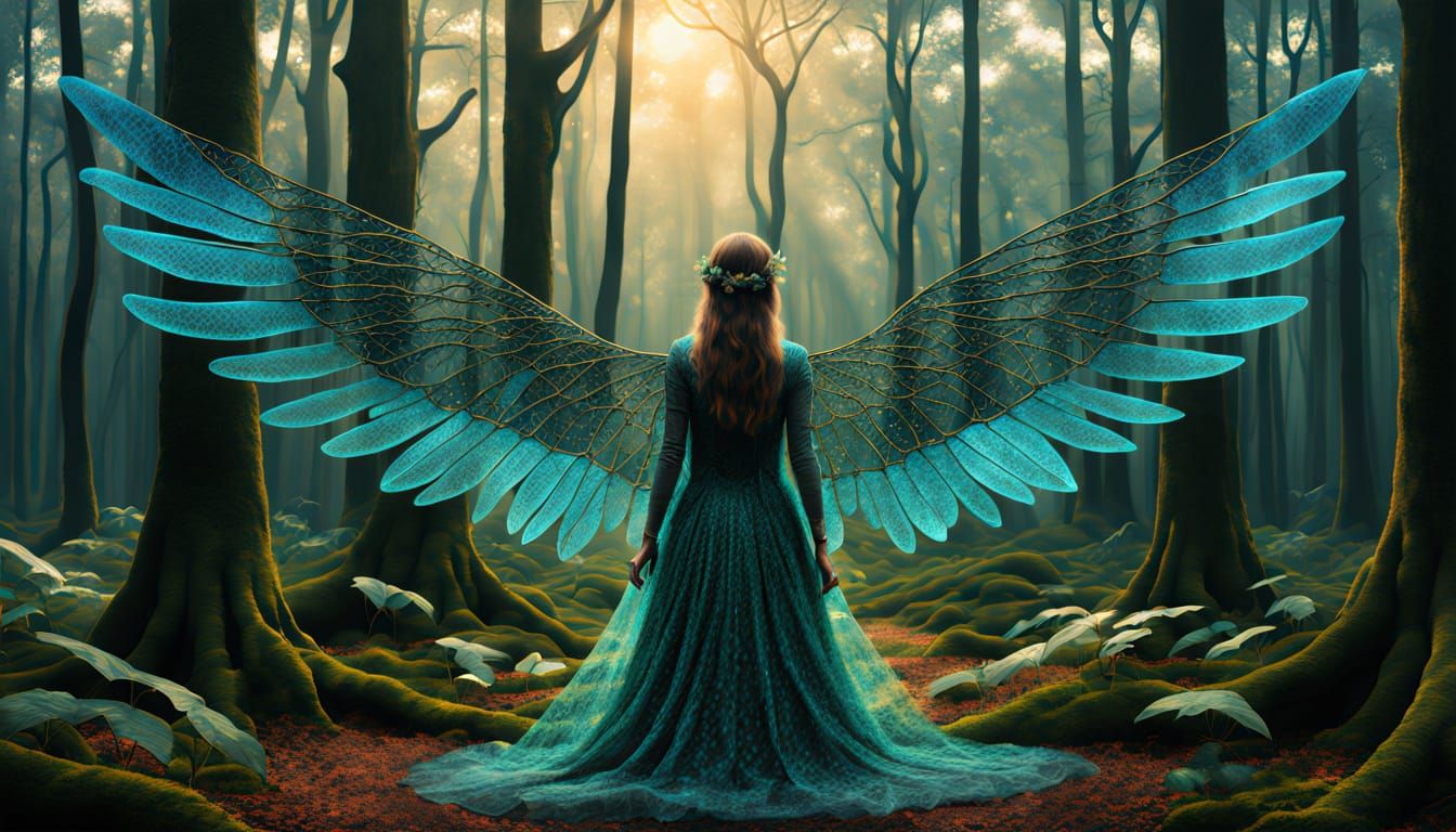 Winged Woman Emerges from Forest: Surreal Bio Art