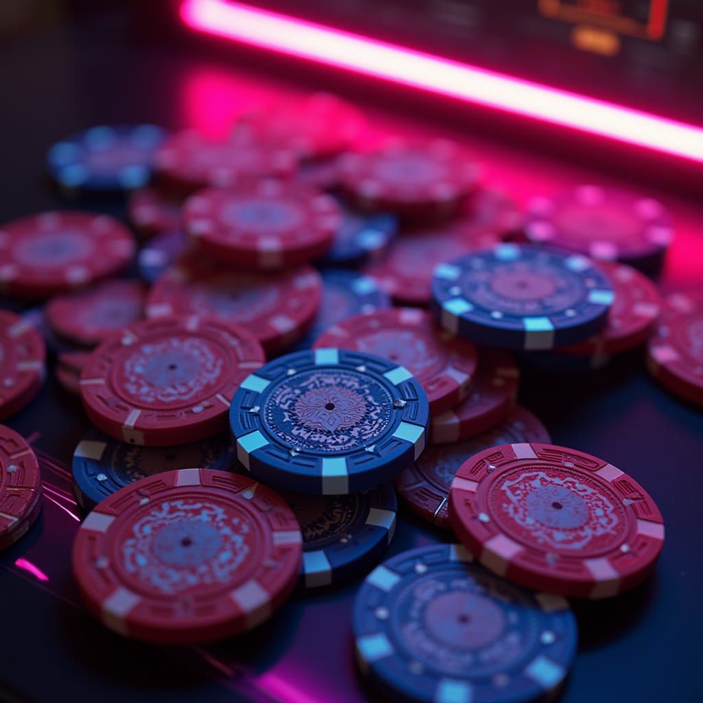 Casino Chips and Slot Machine in Cyberpunk Neon Style