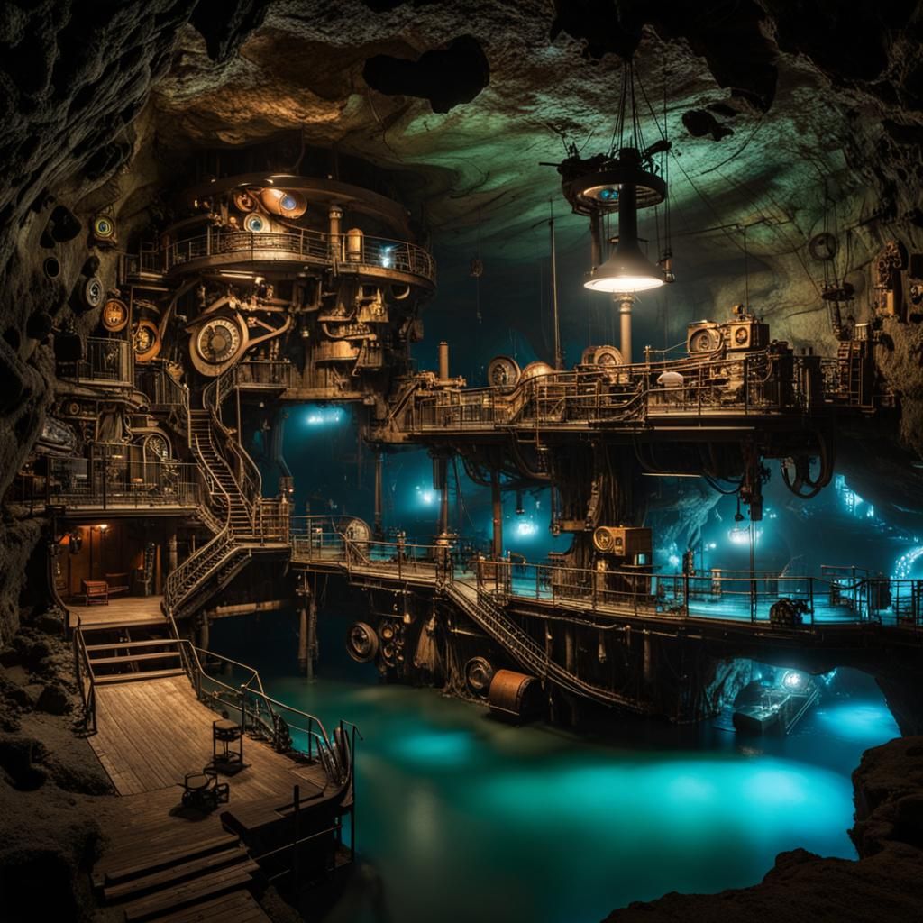 Steampunk Pirate Hideout in Bioluminescent Cave