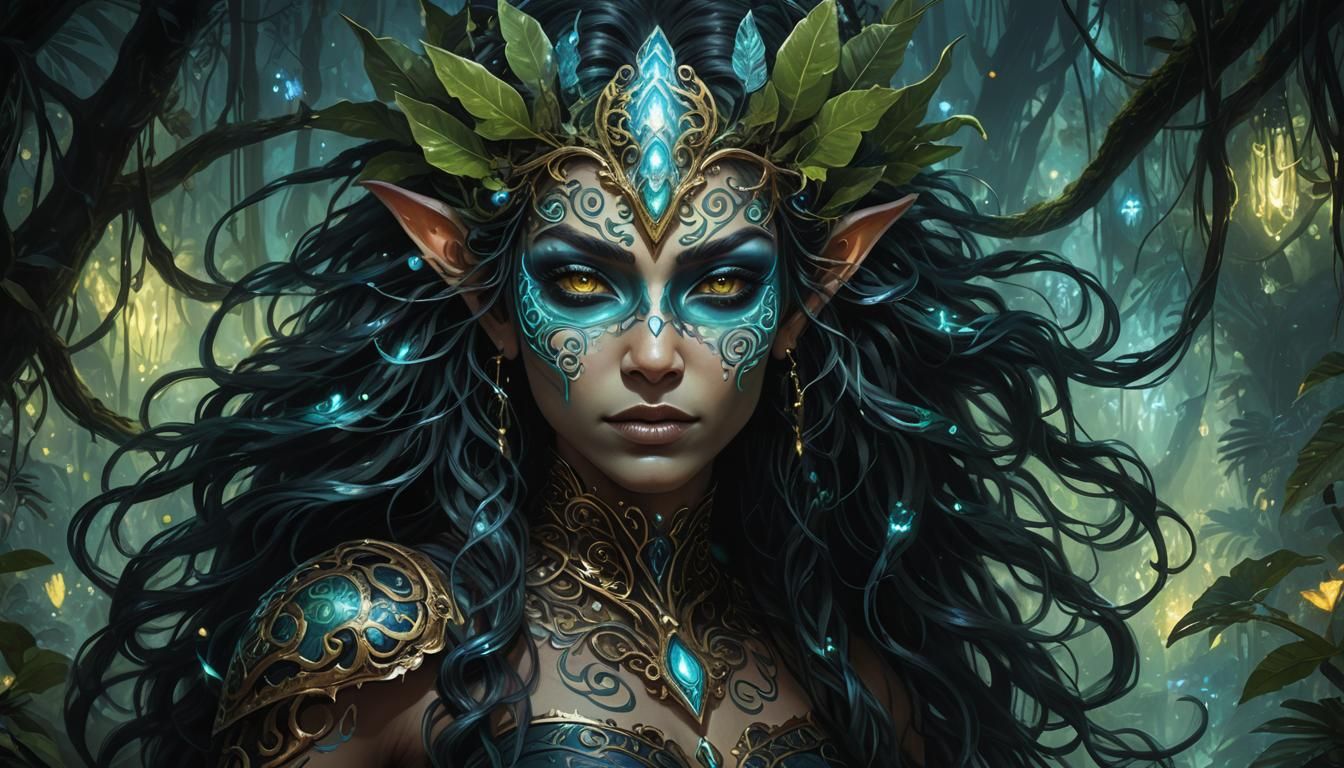 Bioluminescent Elf Portrait in Dark Jungle