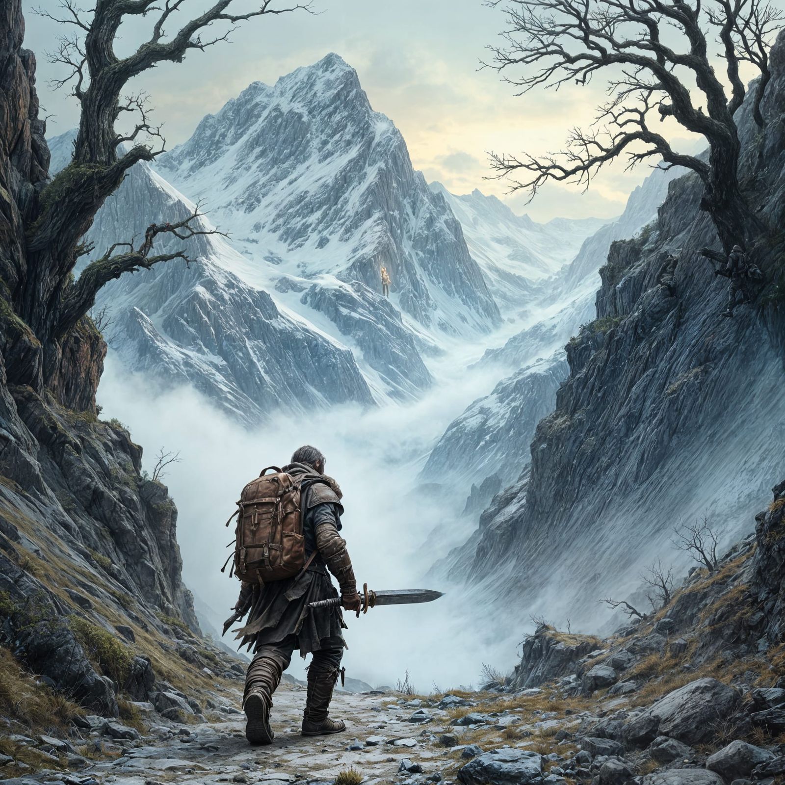 Exhausted Adventurer in Dark Fantasy Mountain Pass