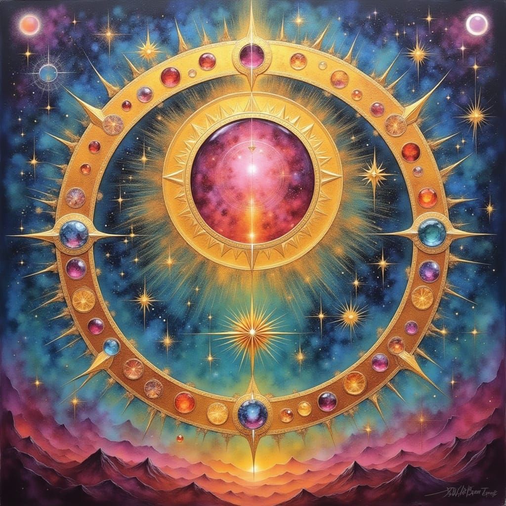 <lora:Ancient Gold:1.0> <lora:Padparadscha:1.0> <lora:Archetypal Images:1.0> Sacred Hoop of Life Padparadscha colors