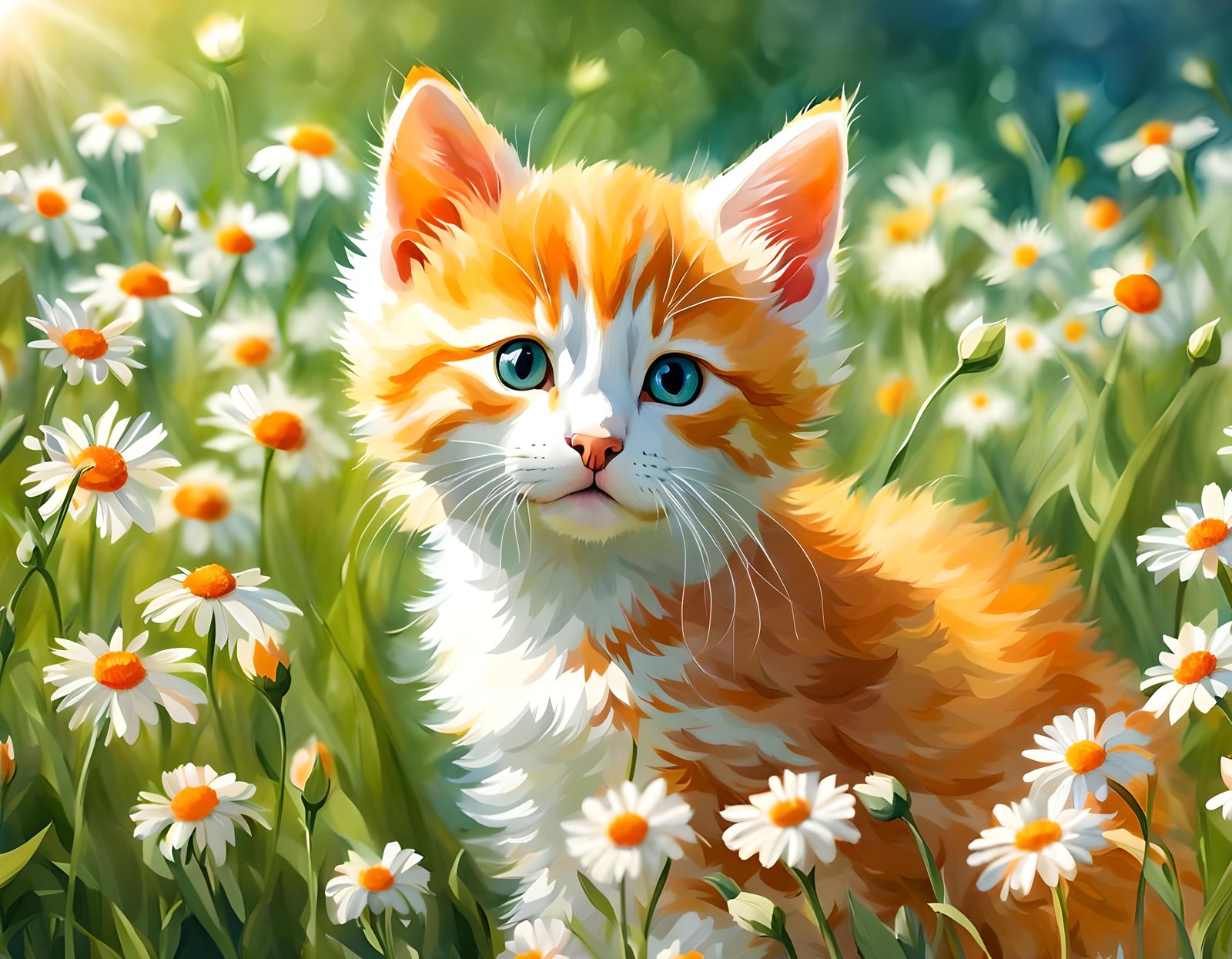 Orange Kitten in Flower Field, Watercolor Painting