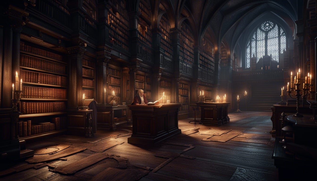 Gloomy Medieval Library in Dark Fantasy Style