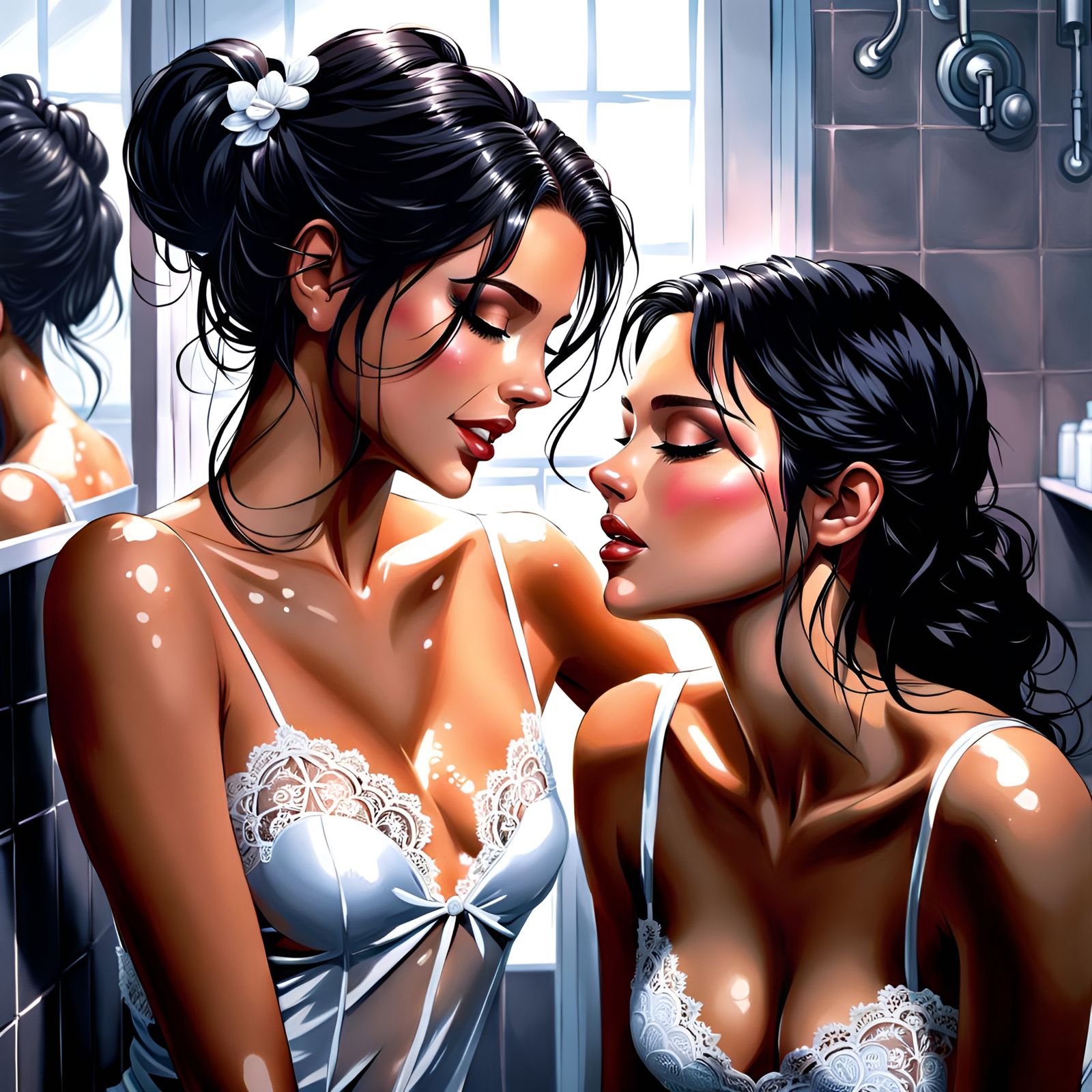 Intimate Bathroom Scene: Two Women in Love