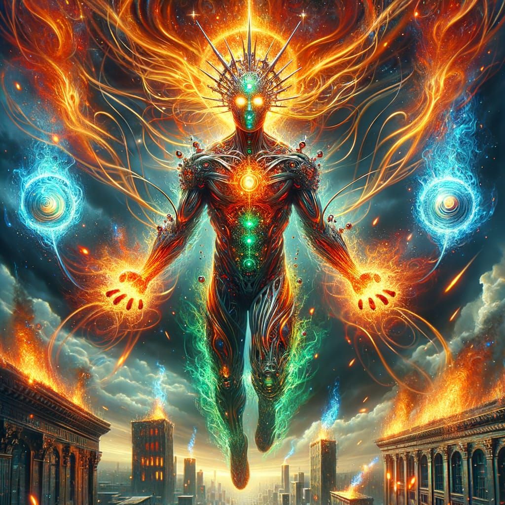 Epic Superhero in Flaming Halo with City in Ruins