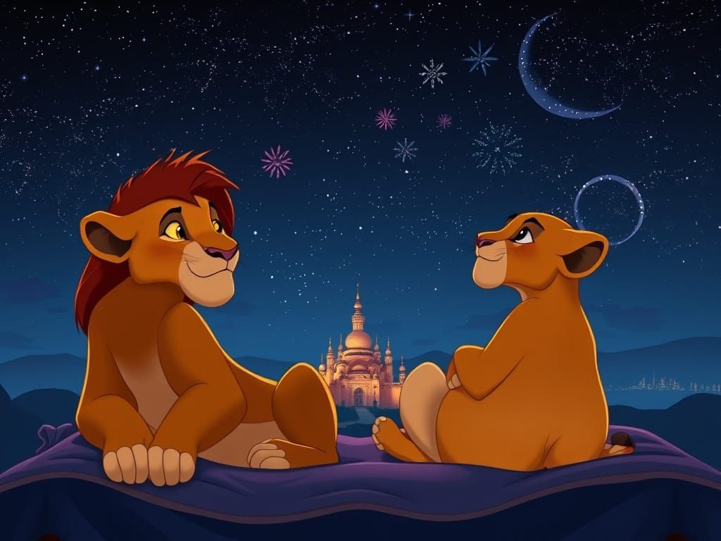 Disney Lion King Characters on Magic Carpet Ride under Starr...