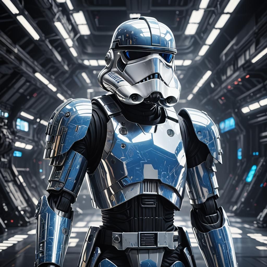 Anime-Inspired 3D Stormtrooper Portrait in Sci-Fi Hangar