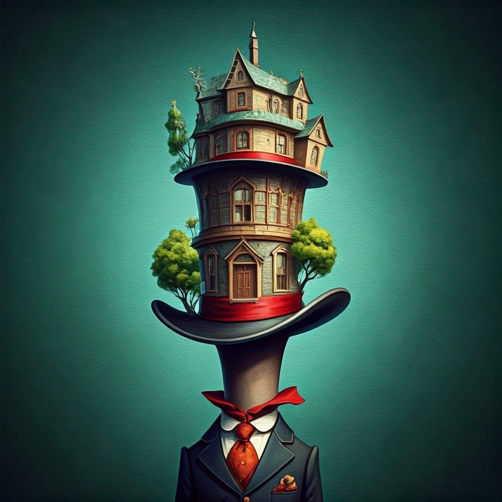 Whimsical Hat House in Golden Age Illustration Style