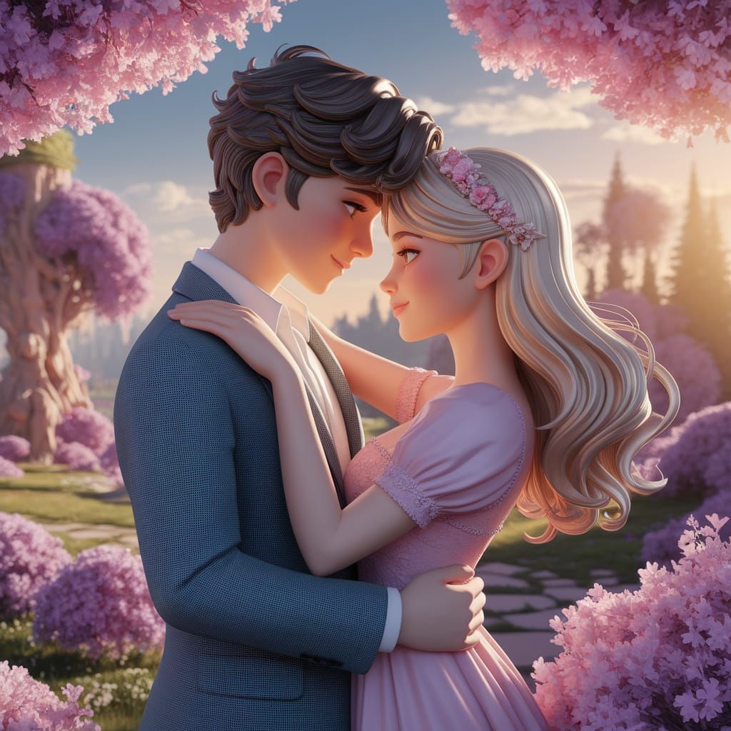 Young Couple Embracing in Whimsical Wonderland