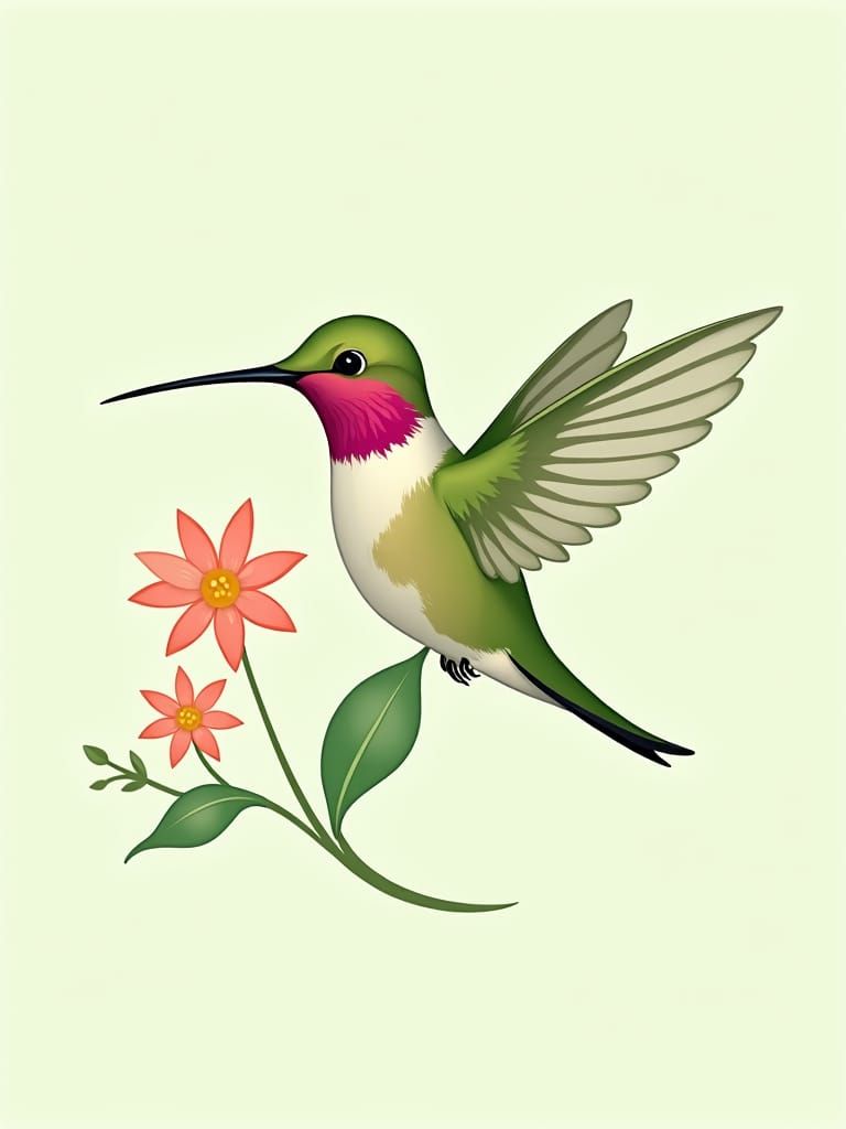 Stylized Hummingbird in Flight Near Flowers