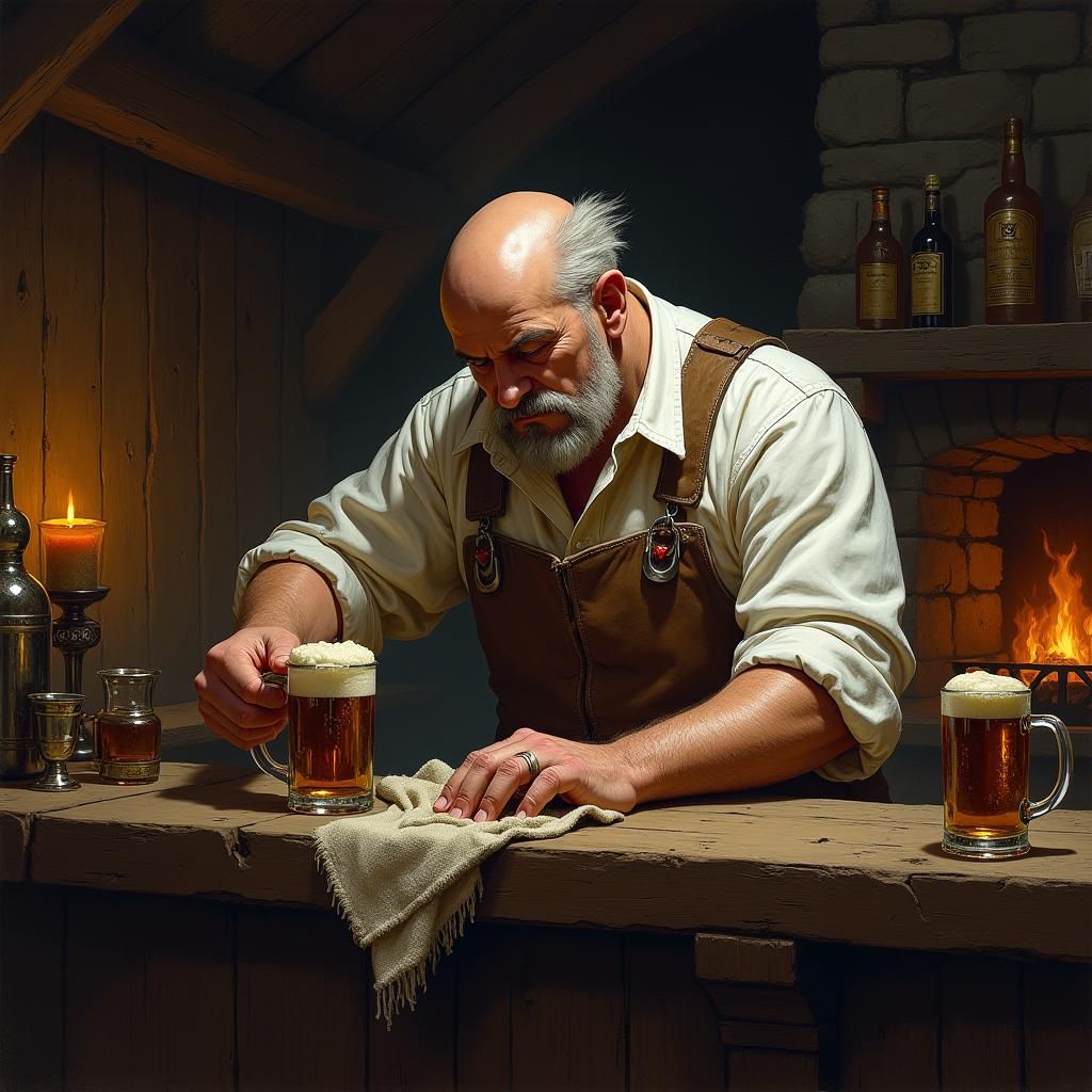 Stout Barman in Dimly Lit Fantasy Tavern