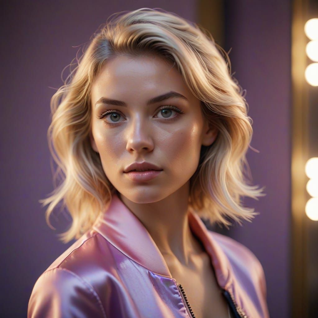 Portrait of Blonde Woman in Pink Jacket, Soft Lighting